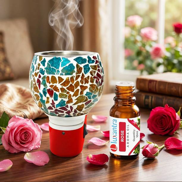 Luxantra Rose Fragrance Air Freshener Diffuser Set Kapoor Dani Cum Aroma Diffuser Mosaic Glass Electric Camphor Burner & Essential Oil Diffuser with Night Lamp - Multicolor
