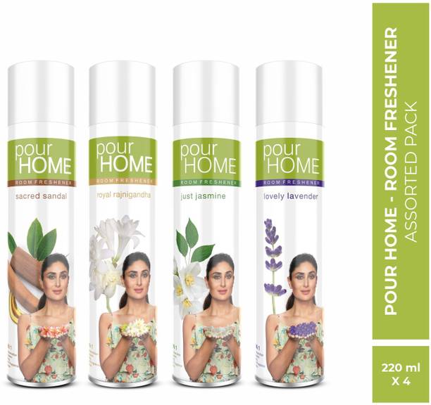 POUR HOME Sacred Sandal, Rajni Gandha, Jasmine & Lavender Room Freshener Combo (Pack of 4) Spray Sacred Sandal | Rajni Gandha | Jasmine & Lavender Room Freshener Combo (Pack of 4)