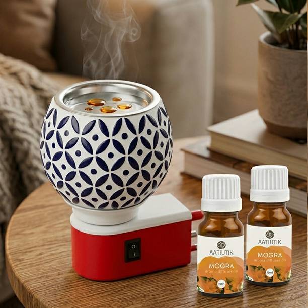 Aatiutik Mogra Fragrance Air Freshener Diffuser Set Premium Electric Kapoor Dani Camphor Diffuser with Ceramic Aroma Burner | Essential Oil & Camphor Fragrance Diffuser with Night Lap Light | Electric Dhoop Dani for Home, Office, Meditation & Pooja Room