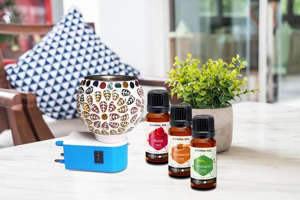 PeepalComm ComboPack -Gift L5 Home Scented Plug In Electric Oil Burner Lamp With 45ml Aroma Oil, Diffuser Set Premium Plug In Electric Oil Burner Lamp With 3 Oil Set 15ml Each Rose Lemon Grass Sandalwood ( Assorted Design Shipped As Per Availability )Best For Gift A1