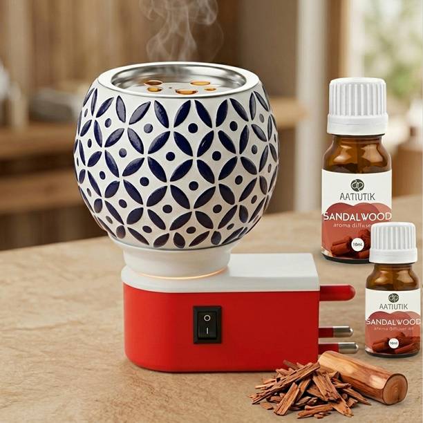 Aatiutik Sandalwood Fragrance Air Freshener Diffuser Set Premium Electric Kapoor Dani Camphor Diffuser with Ceramic Aroma Burner | Essential Oil & Camphor Fragrance Diffuser with Night Lap Light | Electric Dhoop Dani for Home, Office, Meditation & Pooja Room