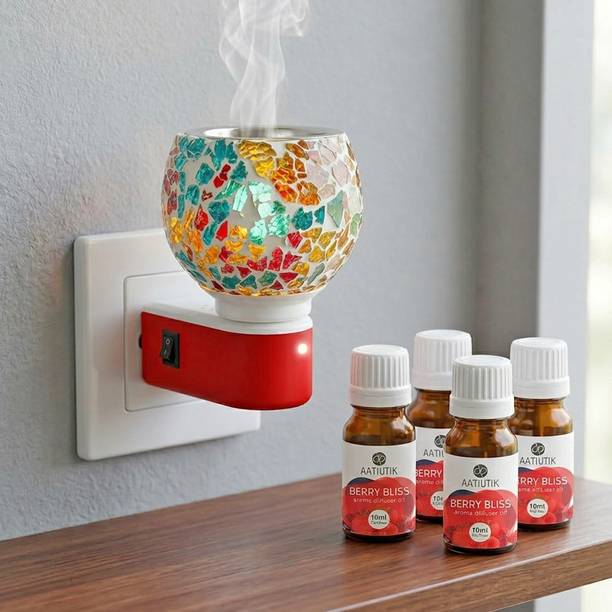 Aatiutik Berry Bliss Fragrance Air Freshener Diffuser Set Electric Camphor Diffuser with Fragrance Aroma Oils | Mosaic Glass Kapoor Dani Night Lamp | Plug-in Aroma Oil Burner for Home, Office, Hotel, Spa & Temple