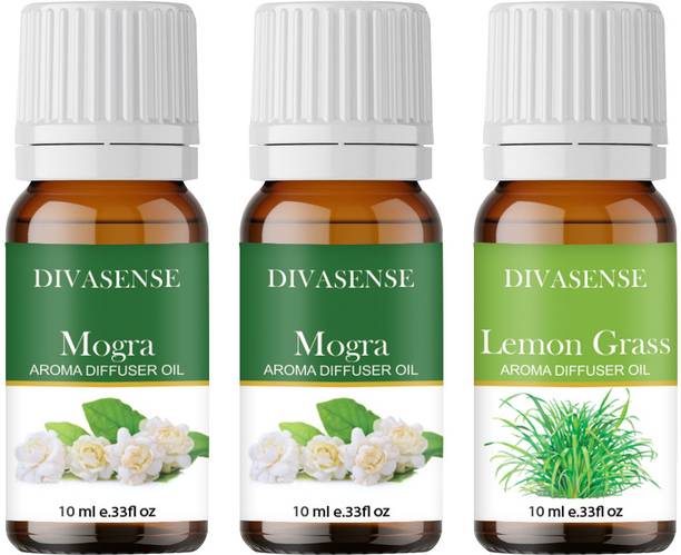 Divasense Scented Oil For Diffuser Home Fragrance, Mogra, Lemongrass Aroma Oil, Diffuser, Diffuser Set, Refill 10ml each Aroma Diffuser Oil/ Burner Oil, pack of 3 Freshener Fragrance