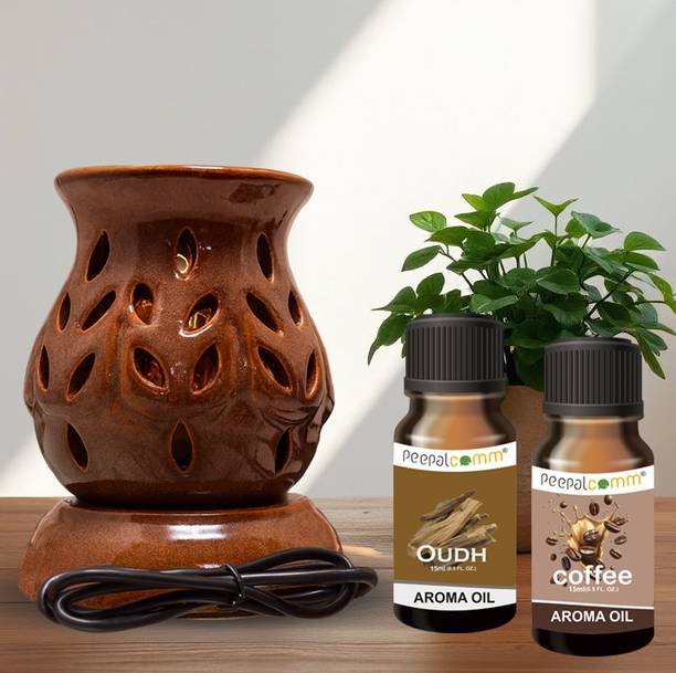 PeepalComm Electric Diffuser Brown Perfect for Essential Oils, Spa, Diwali Gifting Diffuser Set S5 Premium Electric Ceramic Aroma Diffuser With 2 Scented Oil 15ml Each
