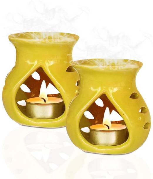 Pure Source India Yellow Aroma Burner Gift Set, with 1 Tea Light Candles, Packed in Organza Potli 10ml Aroma Oil PSI-97YLWGIFTSET-WITHPOTLI