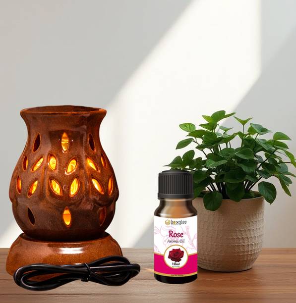 Boxglee Home Scented Electric Aroma Diffuser, Oil Burner for Home Fragrance Diffuser Set Brown Ceramic Lamp with Aroma Oils ( 1 Rose 10ml )