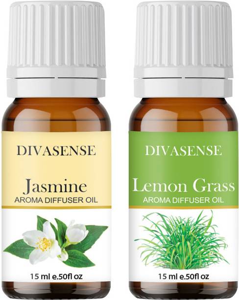Divasense Jasmine, Lemon Grass Aroma Oil, Diffuser, Diffuser Set, Potpourri, Refill Aroma Essential Oils for Diffuser Jasmine and Lemon Grass of 15ml Each | Aroma Oil Diffuser for Home Fragrance | Set of 2