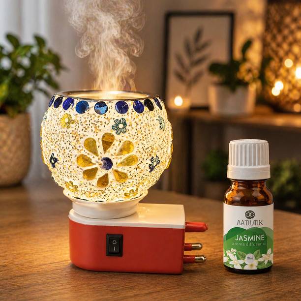 Aatiutik Jasmine Fragrance Air Freshener Diffuser Set Electric Kapoor Dani Camphor Diffuser with Decorative Mosaic Ceramic Bowl | Camphor Burner for Home Fragrance, Pooja & Air Purification | Night Lamp Aroma Diffuser