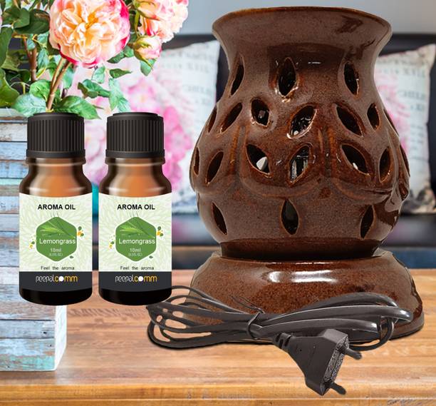 PeepalComm ceramic brown electric diffuser lamp oil burner with 2 10ml lemongrass Aroma Oil, Diffuser Set, Refill Suitable For Room Office Restaurant Hotel Spa Living Room Gym Bar Room Freshener etc. (Size: 11 x 9 cm, Brown)