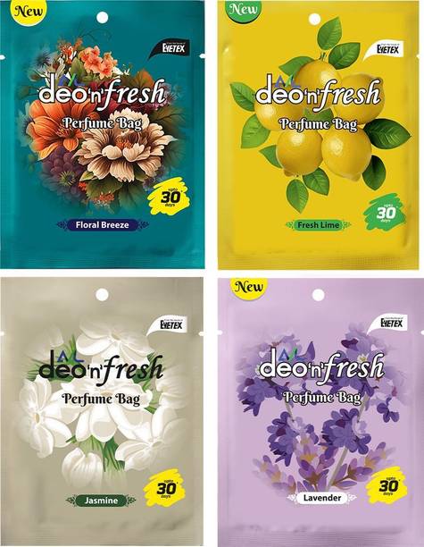 AVL DEO 'N' FRESH Floral Breeze, Jasmine, Lavender, Fresh Lime Refill Air Freshner Perfume Bag|Assorted Fragrance|Unique power gel technology|Neutralizes bad odours|Pack of 4 X 10g