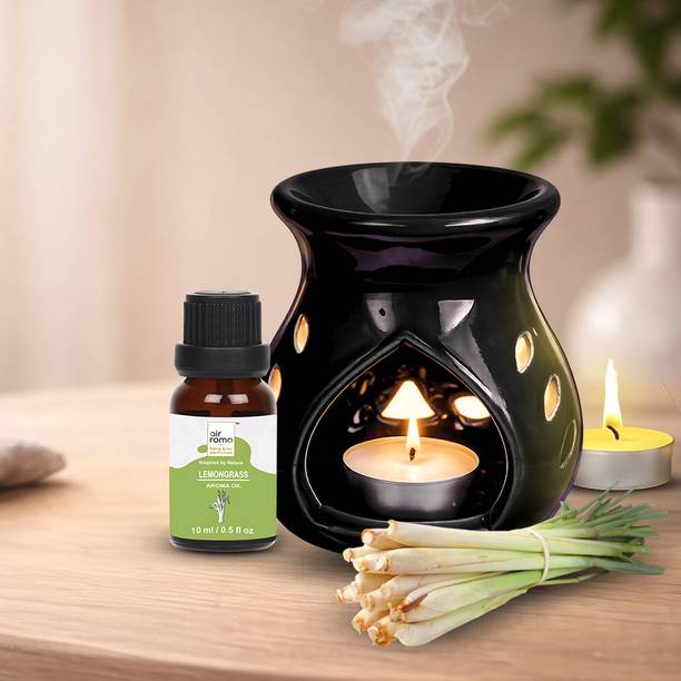 Airroma Aroma Gift Set Oil Burner Aroma Diffuser Black (Free 2 Tea Light Candles & 10 ml Lemon Grass Aroma Oil) Diffuser, Diffuser Set, Aroma Oil Diffuser Oil Burner Gift Set