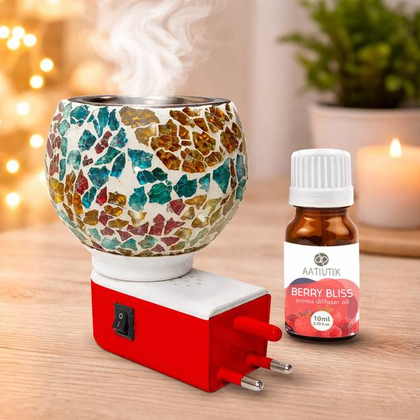 Aatiutik Berry Bliss Fragrance Room Freshener Night Lamp with On/Off Switch Diffuser Set Electric Kapoor Dani Camphor Diffuser with Aroma Oil | Ceramic Essential Oil Burner with Steel Bowl on top | Plug-in Fragrance Diffuser for Home, Office & SPA, Hotel