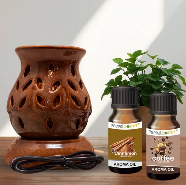 PeepalComm Electric Diffuser Brown Perfect for Essential Oils, Spa, Diwali Gifting Diffuser Set S3 Premium Electric Ceramic Aroma Diffuser With 2 Scented Oil 15ml Each