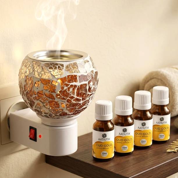 Aatiutik Oud Gold Home Fragrance Air Freshener Diffuser Set Kapoor Dani Camphor Diffuser Electric Aroma Oil Burner with 4 Aroma Oils | Night Lamp Light | Decorative Fragrance Diffuser for Home, Bedroom, Living Room & Pooja Room