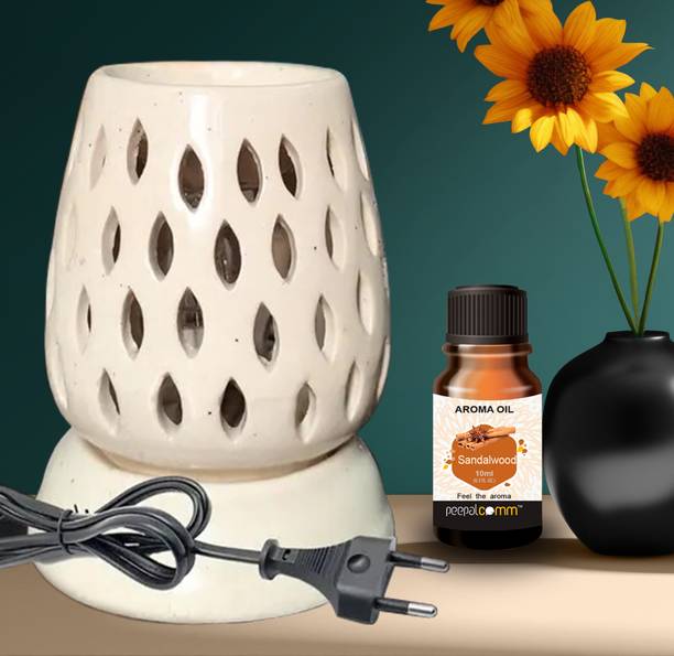 PeepalComm Sandalwood Scented Ceramic Electric Diffuser Aroma Oil Burner Lamp With 1 10ml Aroma Oil, Diffuser Set, Refill Suitable for Room office restaurant spa living room gym bar Air Freshener etc. (Size: 11 x 9 cm, White) with 1 extra bulb