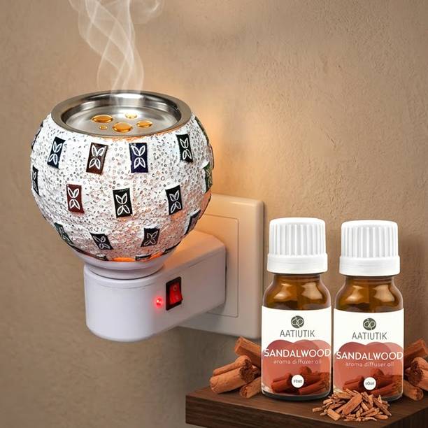 Aatiutik Sandalwood Home Fragrance Air Freshener Diffuser Kapoor Dani Camphor Diffuser Electric Aroma Burner for Home Hotel Pooja Room Office| Night Lamp Light | Camphor & Essential Oil Diffuser with Decorative Design