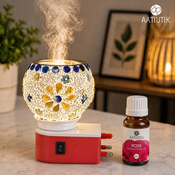Aatiutik Rose Fragrance Air Freshener Diffuser Set Electric Kapoor Dani Camphor Diffuser with Decorative Mosaic Ceramic Bowl | Camphor Burner for Home Fragrance, Pooja & Air Purification | Night Lamp Aroma Diffuser