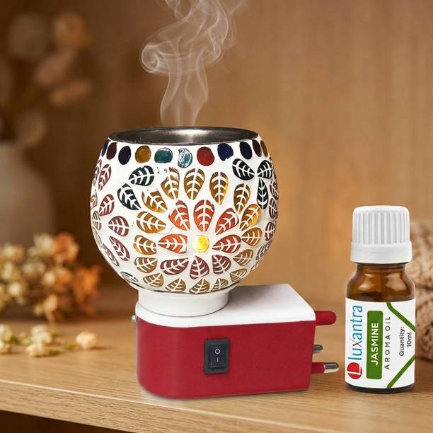 Luxantra Jasmine Fragrance Air Freshener Diffuser Set Handcrafted Electric Kapoor Dani Camphor Diffuser Night Lamp Light with Aroma Oil Burner | Ceramic Leaf Design Plug-in Air Freshener for Home, Office, Spa, Hotel, Temple & Meditation