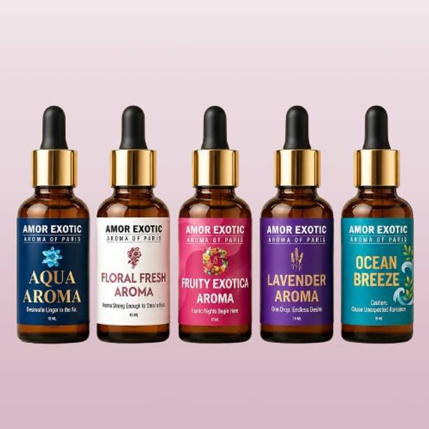 AMOR EXOTIC Aqua, Floral Fresh, Fruity Exotica, Lavender, Ocean Breeze Aroma Oil Aroma Fragrance Oil Set of 5, 15ml Each | Aqua, Floral Fresh, Fruity Exotica, Lavender & Ocean Breeze-009