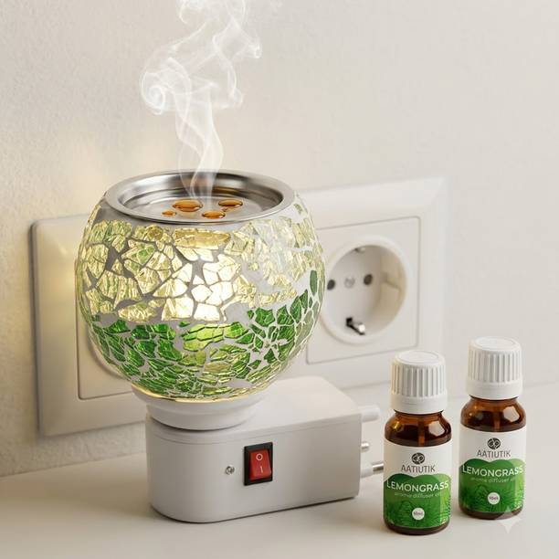Aatiutik Lemongrass Home Fragrance Air Freshener Diffuser Set Premium Electric Kapoor Dani Camphor Diffuser with 2 Aroma Oil Bottles (10ML Each) | Plug-in Ceramic Aroma Oil Burner | Night Lamp Light | Glass Mosaic Fragrance Diffuser for Home, Office, Temple & Meditation