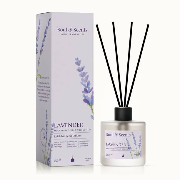 Soul & Scents Lavender Diffuser Set Lavender Reed Diffuser Set - 50ml | Blend of Rosemary and Vanilla | Get 5 Rattan Reed Sticks | Smoke Less Room Freshener for Home, Bedroom, Living Room & Office