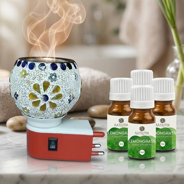 Aatiutik Lemongrass Fragrance Air Freshener Diffuser Set Electric Camphor Diffuser with Set of 4 Aroma Oil (10ml Each) | Plug-in Kapoor Dani Burner | Home Fragrance Essential Oil Diffuser for Room, Office & पूजा room