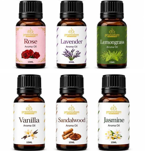 PRAMODAM Rose, Lavender, Lemongrass, Vanilla, Sandalwood, Jasmine Aroma Oil Aroma Diffuser Oil Set 90 ml | Aroma Oil for Home Aromatherapy Gifting (Harmony)
