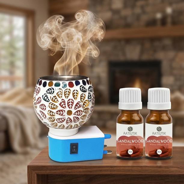Aatiutik Sandalwood Fragrance Room Freshener Night Lamp with On/Off Switch Diffuser Set Electric Kapoor Dani Camphor Diffuser with Aroma Oil | Ceramic Essential Oil Burner with Steel Bowl on top | Plug-in Fragrance Diffuser for Home, Office & SPA, Hotel