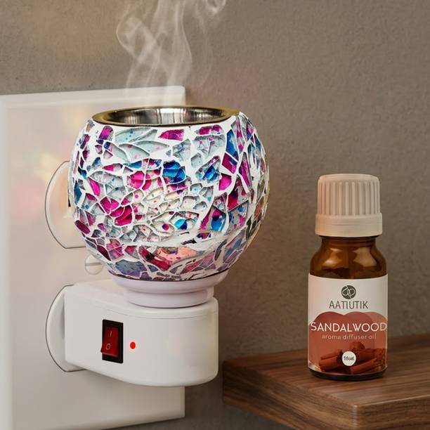 Aatiutik Sandalwood Home Fragrance Air Freshener Diffuser Set Electric Kapoor Dani Camphor Diffuser & Aroma Burner | Night Lamp Light | Decorative Mosaic Design | Plug-In Camphor Burner for Home, Pooja Room & Meditation