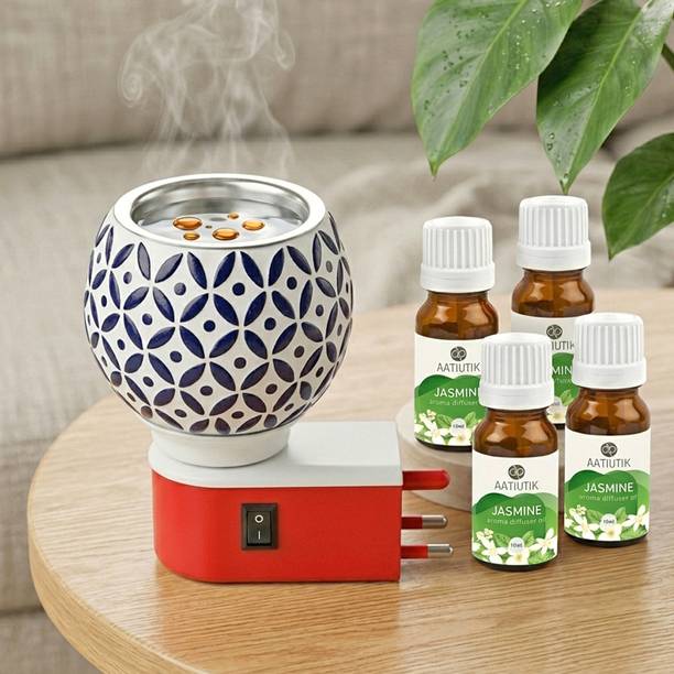 Aatiutik Jasmine Fragrance Air Freshener Diffuser Set Electric Kapoor Dani Camphor Diffuser with 4 Aroma Oils | Ceramic Essential Oil Burner Night Lamp Light | Plug-in Fragrance Diffuser for Home, Office, Meditation, Pooja Room & Aromatherapy