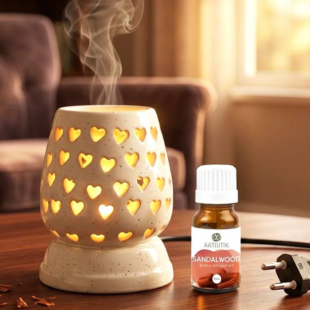 Aatiutik Sandalwood Home Fragrance Air Freshener Diffuser Electric Ceramic Aroma Diffuser with Heart Cutwork | Camphor, Essential Oil Burner & Fragrance Diffuser for Home, Bedroom, Office & Meditation
