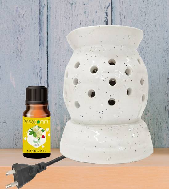 PeepalComm White Electric Diffuser, Aroma Oil Burner, Lamp With 1 10ml Mogra Aroma Oil, Diffuser Set, Refill Perfect for Room office restaurant spa living room gym bar. Air Freshener etc.(Size: 10 x 8 cm, White) with 1 extra bulb.