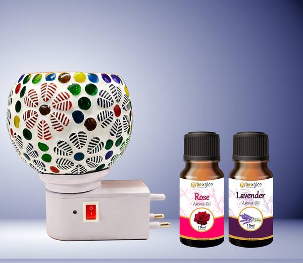 Boxglee Lavender & Rose 10ml Each Fragrance Air Freshener Diffuser Set Electric Kapoor Dani Camphor Diffuser with Decorative Ceramic Aroma Lamp | Smoke-Free Air Freshener & Essential Oil Burner | Plug-in Kapoor Dani for Home & Aromatherapy