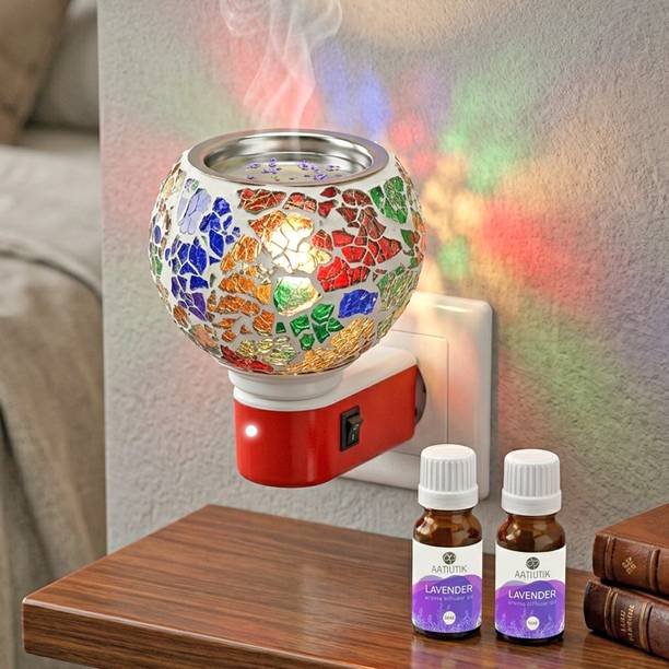 Aatiutik Lavender Fragrance Air Freshener Diffuser Electric Mosaic Kapoor Dani Camphor Diffuser with Aroma Oils (10ml Each) | Plug-in Ceramic Room Freshener Machine electric Camphor Burner & Essential Oil Diffuser | Night Light Lamp | Room Freshener for Home, Office & Puja Room