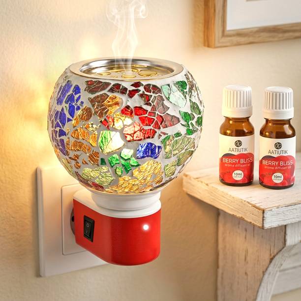 Aatiutik Berry Bliss Fragrance Air Freshener Diffuser Electric Mosaic Kapoor Dani Camphor Diffuser with Aroma Oils (10ml Each) | Plug-in Ceramic Camphor Burner & Essential Oil Diffuser | Night Light Lamp | Room Freshener for Home, Office & Puja Room