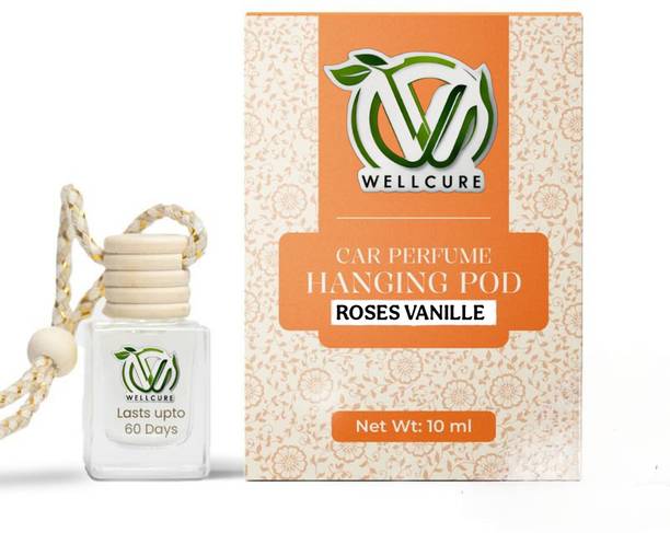 well cure rose, vanilla Car Freshener Diffuser Wellcure Car Perfume Hanging Pod |10 ML |Roses Vanille Fragrance Car Air Freshener |Natural Essential Fragrance Oils in Glass Bottle with Wooden Diffuser Lid |Last upto 30 Days