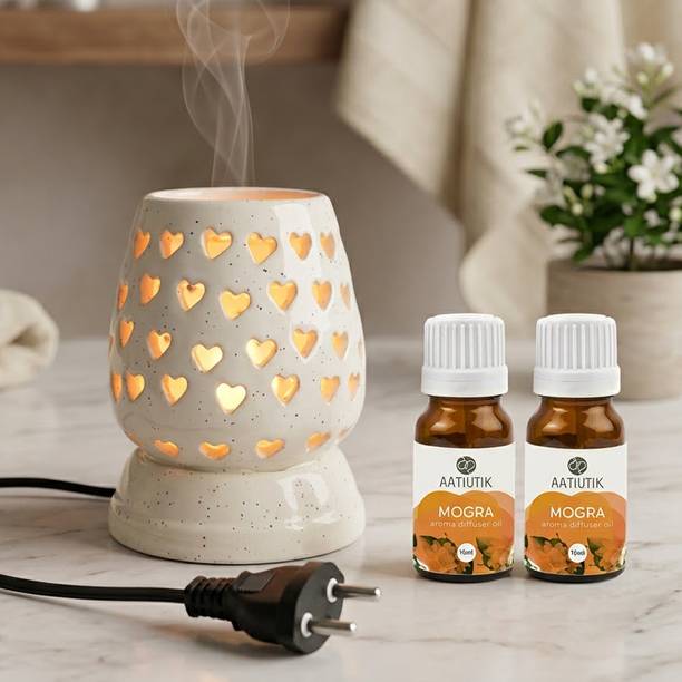 Aatiutik Mogra Home Fragrance Air Freshener Diffuser Ceramic Electric Aroma Diffuser with 2 Aroma Oils of 10ml Each | Heart Cutwork Fragrance Oil Burner & Home Decor Night Lamp