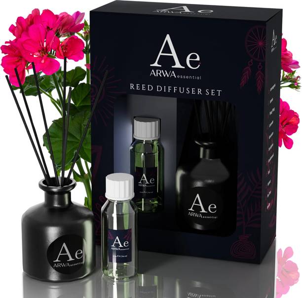 ARWA Aroma,Home Decor & Air Freshener for Bedroom, Office, Spa & Enclosed Spaces Diffuser Set Geranium Fragrance Essential Oil, Ceramic Pot with 6 Smokeless Rattan Reed Stick