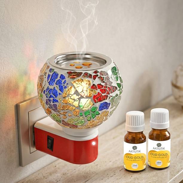 Aatiutik Oud Gold Fragrance Air Freshener Diffuser Electric Mosaic Kapoor Dani Camphor Diffuser with Aroma Oils (10ml Each) | Plug-in Ceramic Room Freshener Machine electric Camphor Burner & Essential Oil Diffuser | Night Light Lamp | Room Freshener for Home, Office & Puja Room