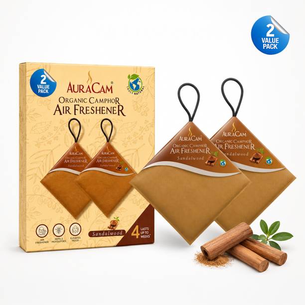 AuraCam Sandalwood Potpourri Organic Camphor Air Freshener Sandalwood Fragrance (2 Value Pack) | Long Lasting Up to 4 Weeks | Natural Mosquito Repellent | For Car, Wardrobe, Home & Office