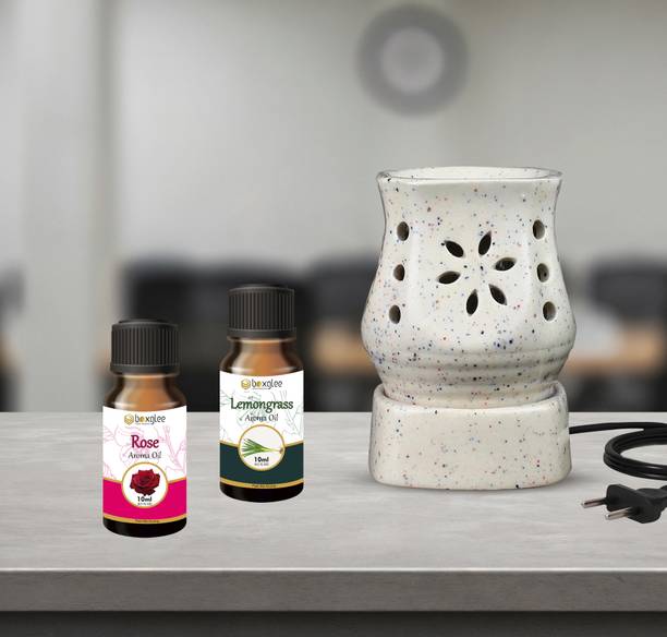Boxglee Premium Home Scented Electric Aroma Oil Diffuser, Oil Burner, Night Lamp Diffuser Set White Ceramic Lamp with Aroma Oils (Lemongrass & Rose 15ml Each)