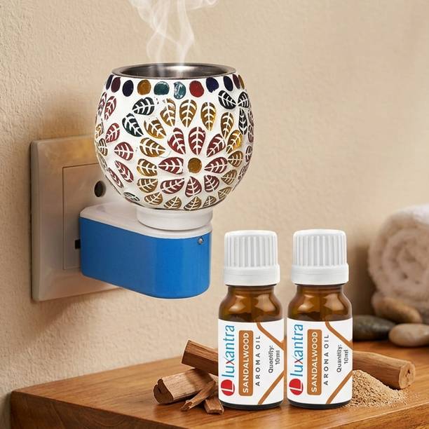 Luxantra Sandalwood Fragrance Air Freshener Diffuser Set Electric Kapoor Dani Camphor Diffuser with Decorative Ceramic Aroma Lamp | Smoke-Free Air Freshener & Essential Oil Burner | Plug-in Kapoor Dani for Home, पूजा & Aromatherapy