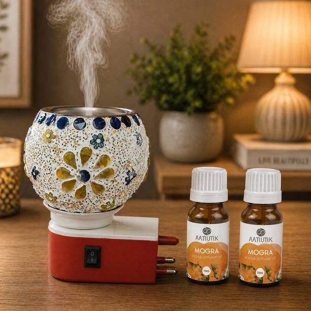 Aatiutik Mogra Fragrance Air Freshener Diffuser Set Electric Camphor Diffuser with Floral Mosaic Glass Bowl | Kapoor Dani Aroma Burner | Plug-in Fragrance Diffuser with Aroma Oils | Smokeless Pooja & Home Decor Lamp