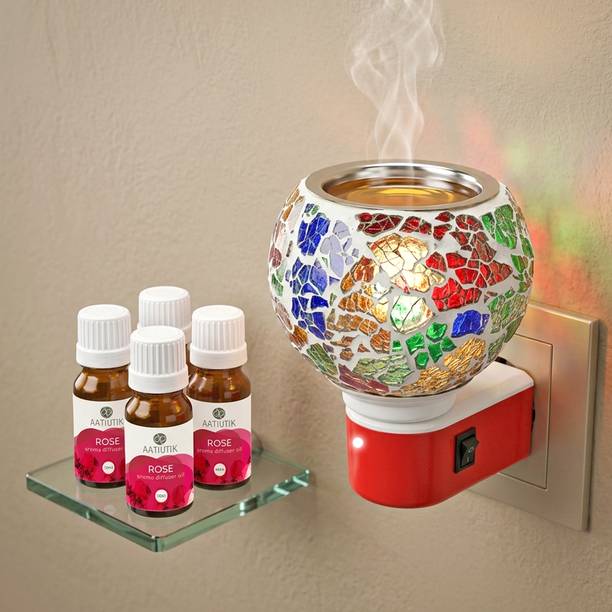 Aatiutik Rose Fragrance Air Freshener Diffuser Electric Kapoor Dani Camphor Diffuser with 4 x 10ml Aroma Oils | Mosaic Glass Plug-in Aroma Lamp | Camphor Burner | Night Lamp Light | Home, Office & Pooja Room Fragrance Diffuser