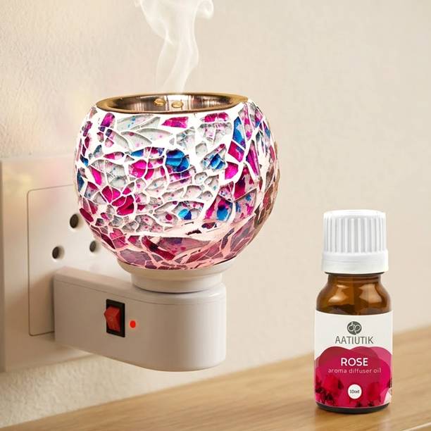 Aatiutik Rose Home Fragrance Air Freshener Diffuser Set Electric Kapoor Dani Camphor Diffuser & Aroma Burner | Night Lamp Light | Decorative Mosaic Design | Plug-In Camphor Burner for Home, Pooja Room & Meditation
