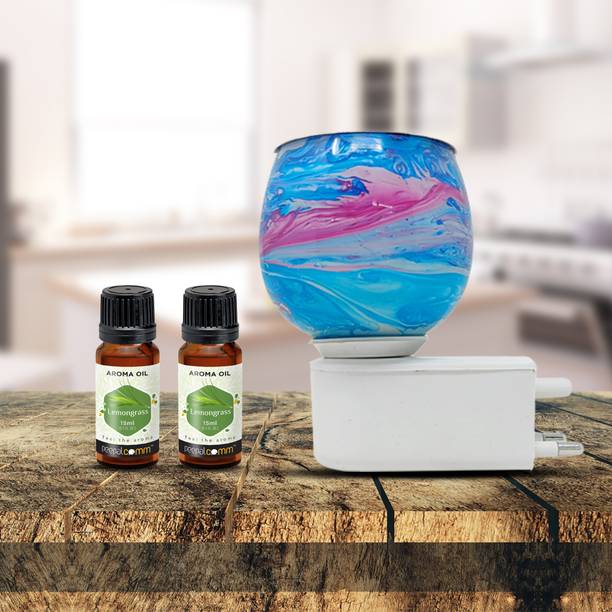 PeepalComm Marble Printed Electric Kapoor Dani Camphor Diffuser Lamp with 2 15ml LemonGrass Aroma Oil, Diffuser Set Premium Unique Marble Design Blue Electric Air Freshener Kapurdani Night Lamp with Switch to Toggle Between Burner and Lamp With 2 Aroma Oil ( 15ml Each) Lemon Grass S2