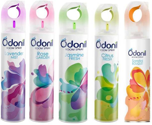 Odonil Rose, Jasmine, Sandal, Citrus, Lavender Spray Room Spray Sandal, Jasmine Fresh,Lavender, Citrus & Rose Garden 150ml each ( Pack of 5 )