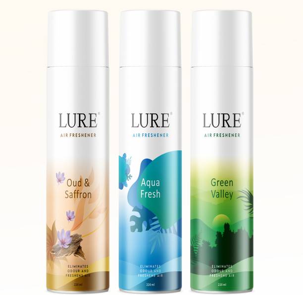 lure Luxury Oud & Saffron,Aqua Fresh & Green Valley Room Air Freshner Combo Pack Spray Luxury Oud & Saffron,Aqua Fresh & Green Valley Room Air Freshner Combo Pack
