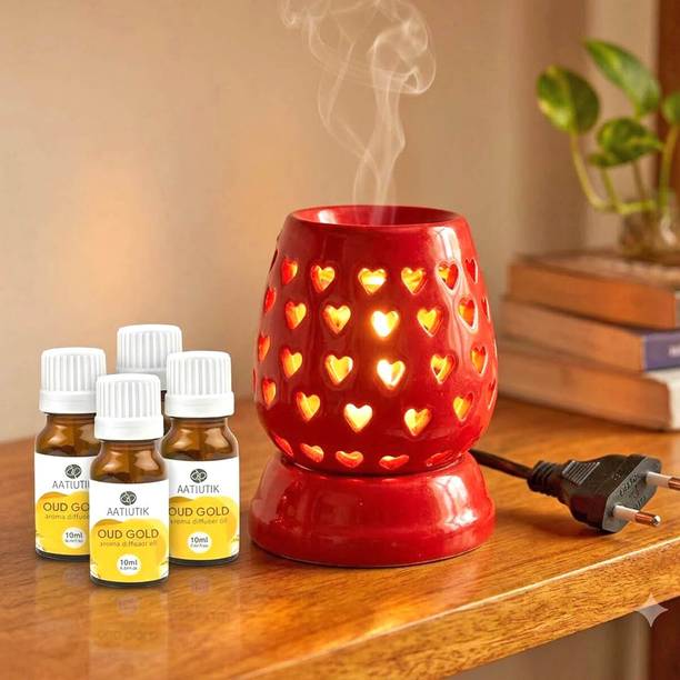Aatiutik Oud Gold Home Fragrance Air Freshener Diffuser Set Heart Shape Electric Aroma Diffuser with 4 Aroma Oils | Ceramic Fragrance Oil Burner for Home, Bedroom, Living Room, Hotel, Spa & Office | Red