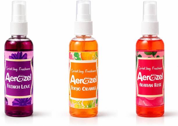 Aerozel French Love, Tokyo Orange & Arabian Rose Spray Air Freshener Spray Combo Pack of 3 X 100ml| French Love, Tokyo Orange & Arabian Rose | Long Lasting Room Freshener | Water Based | Fabric Safe | Skin Safe | Home & Office